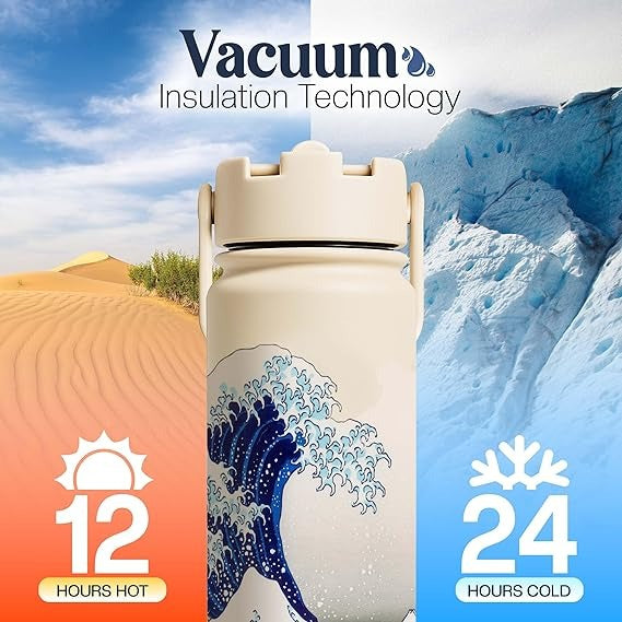 Hokusai Great Wave Water Bottle – 500ml Stainless Steel Insulated Flask